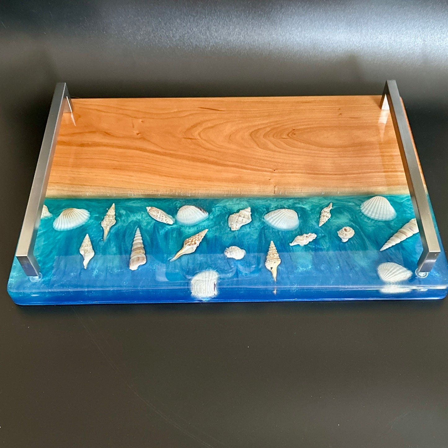 Charcuterie Serving Tray - Cherry with blue epoxy and sea shells Reigada Woodworking
