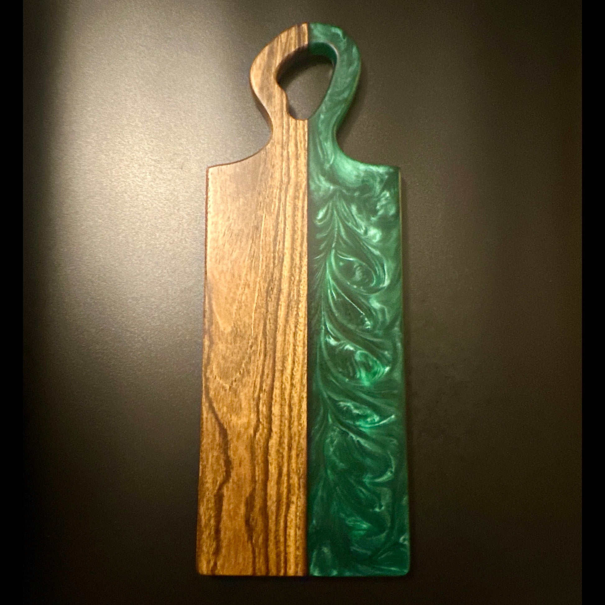 Wood and Epoxy charcuterie Board - Bocote wood with Shiny Malachite Epoxy Reigada Woodworking