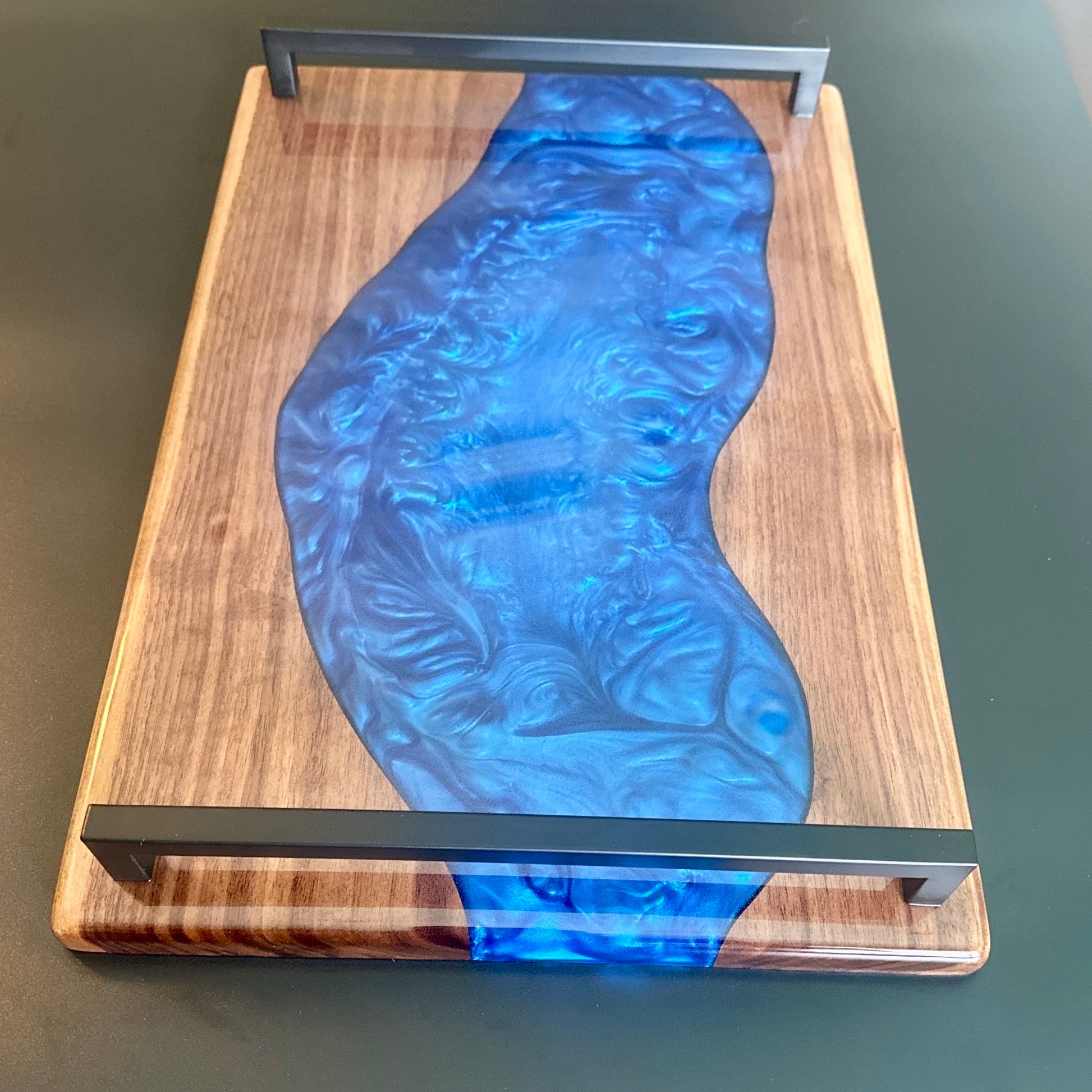 Serving Tray - Walnut with Pacific Blue epoxy Reigada Woodworking