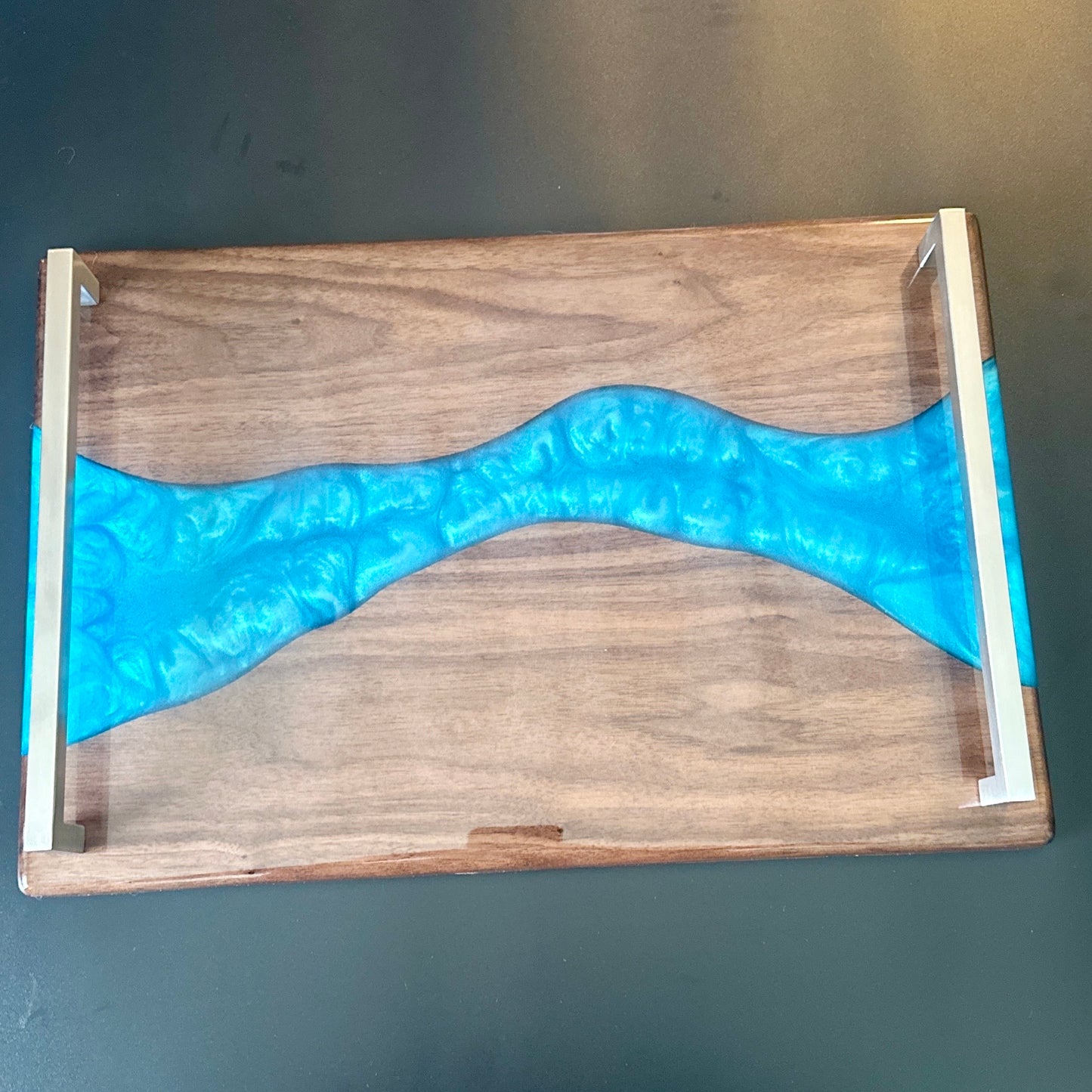 Serving Tray - Walnut with turquoise epoxy Reigada Woodworking