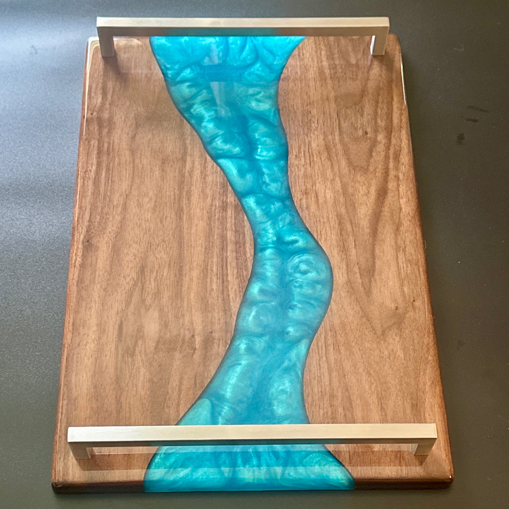 Serving Tray - Walnut with turquoise epoxy Reigada Woodworking