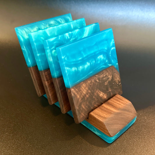 Coaster set with Stand - Walnut with Turquoise Blue Epoxy - 4 set Reigada Woodworking