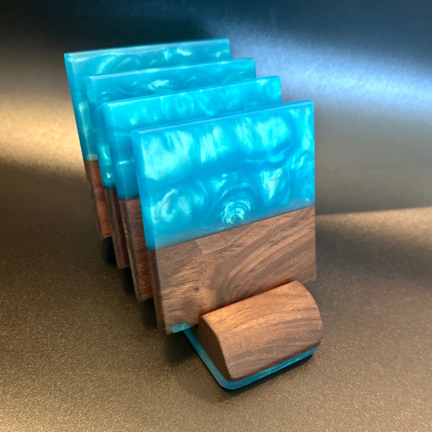 Coaster set with Stand - Walnut with Turquoise Blue Epoxy - 4 set Reigada Woodworking