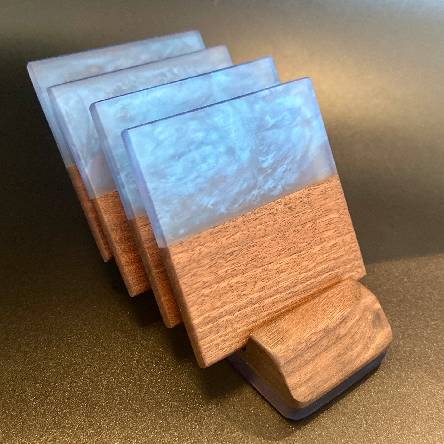 Coaster set with Stand - Walnut with Pacific Blue Epoxy - 4 set Reigada Woodworking