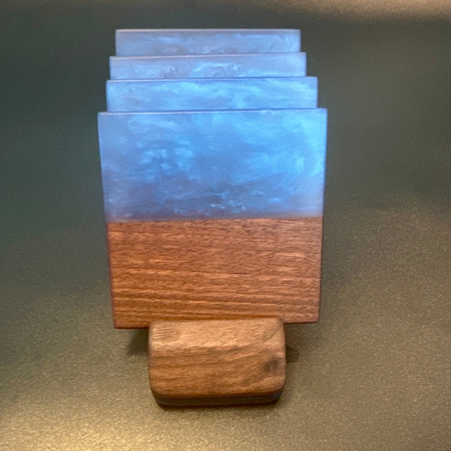 Coaster set with Stand - Walnut with Pacific Blue Epoxy - 4 set Reigada Woodworking