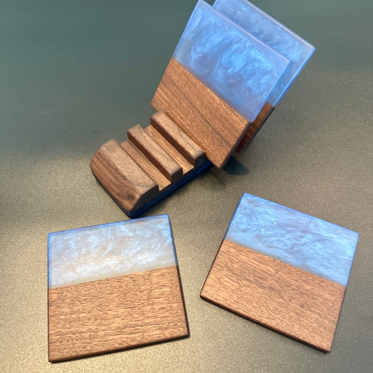 Coaster set with Stand - Walnut with Pacific Blue Epoxy - 4 set Reigada Woodworking