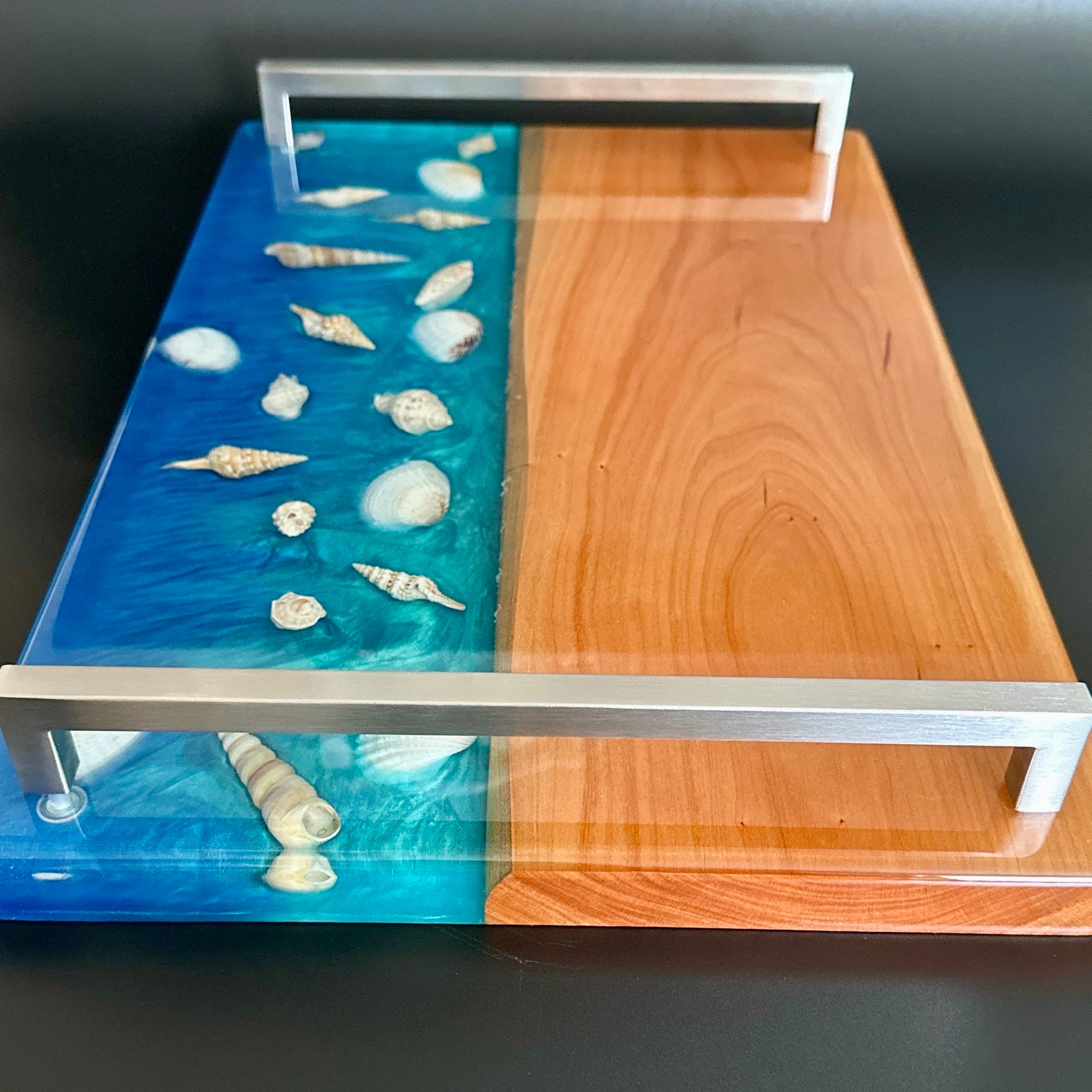 Charcuterie Serving Tray - Cherry with blue epoxy and sea shells Reigada Woodworking