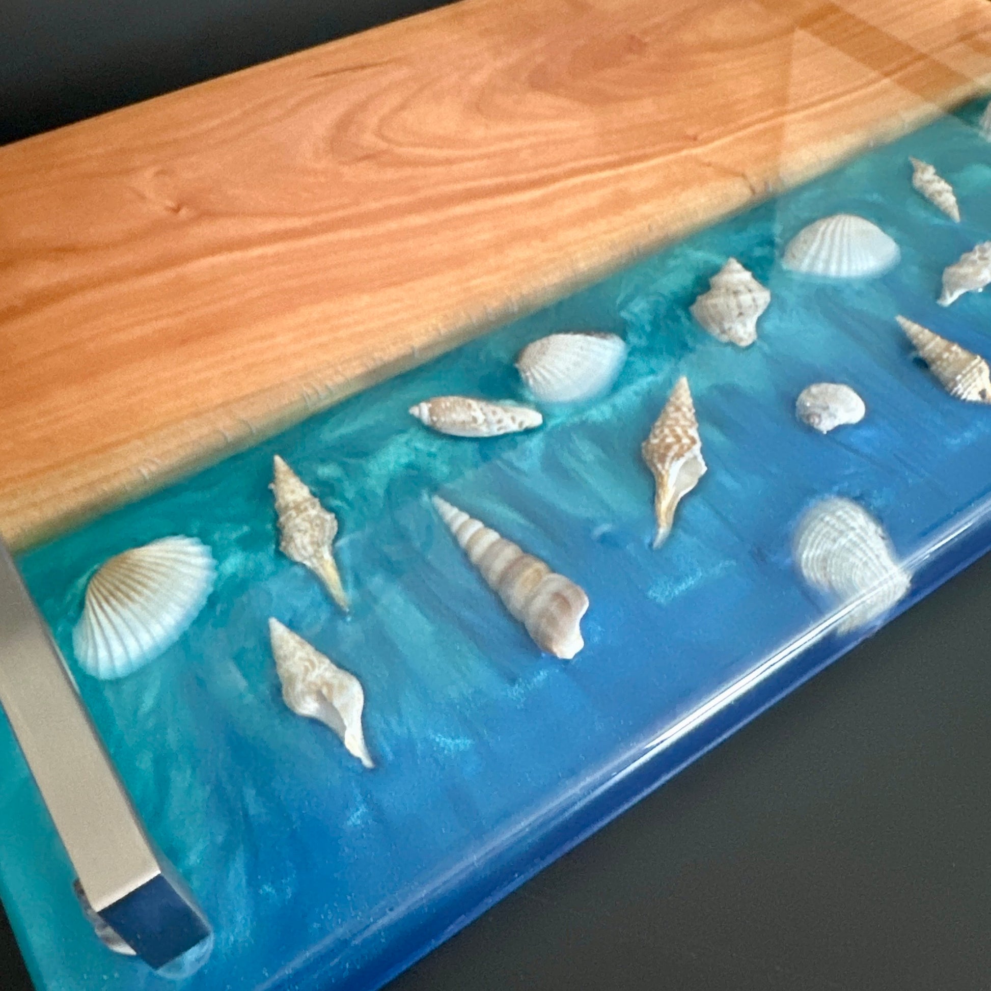 Charcuterie Serving Tray - Cherry with blue epoxy and sea shells Reigada Woodworking