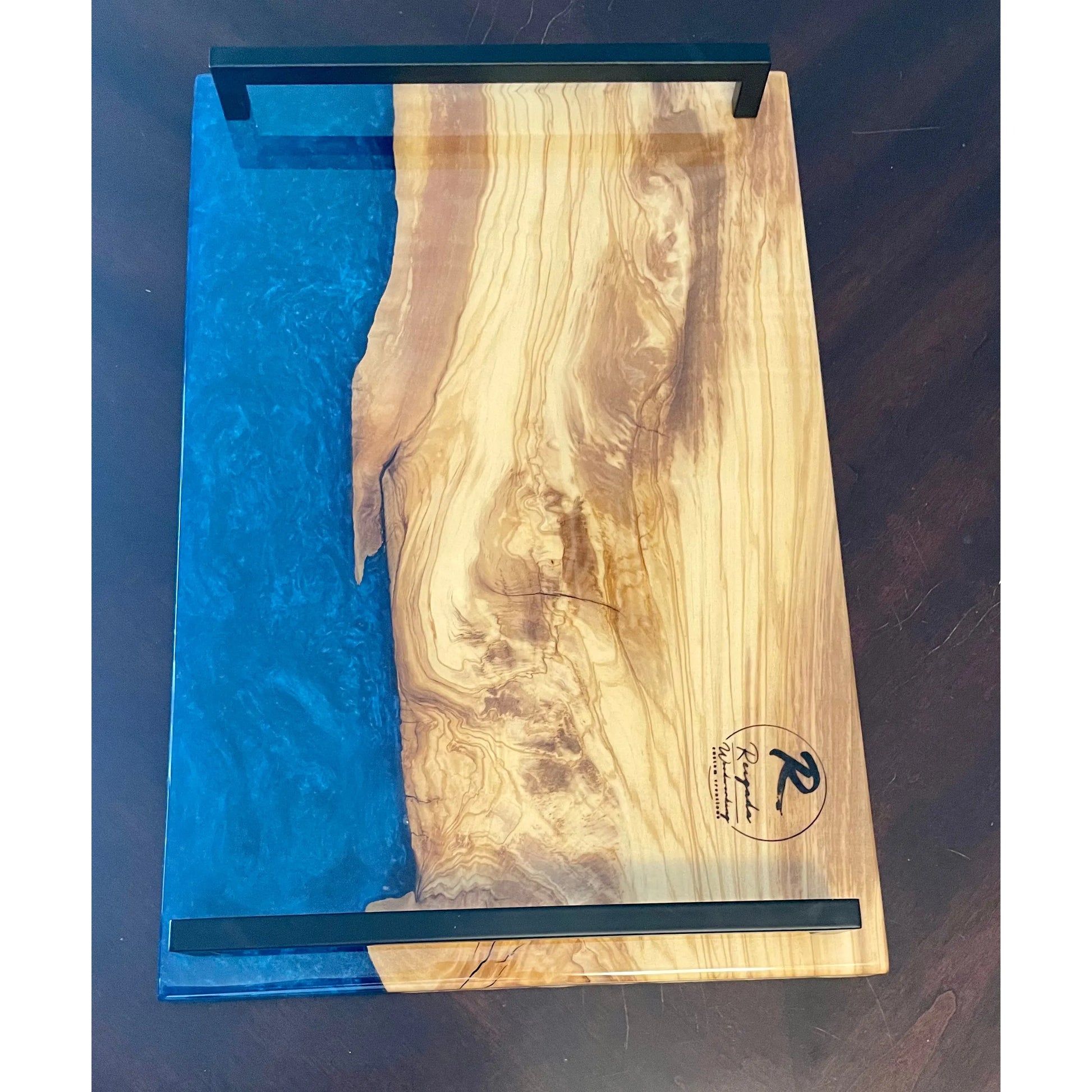 Serving Tray - Olive Wood with Blue Epoxy Reigada Woodworking