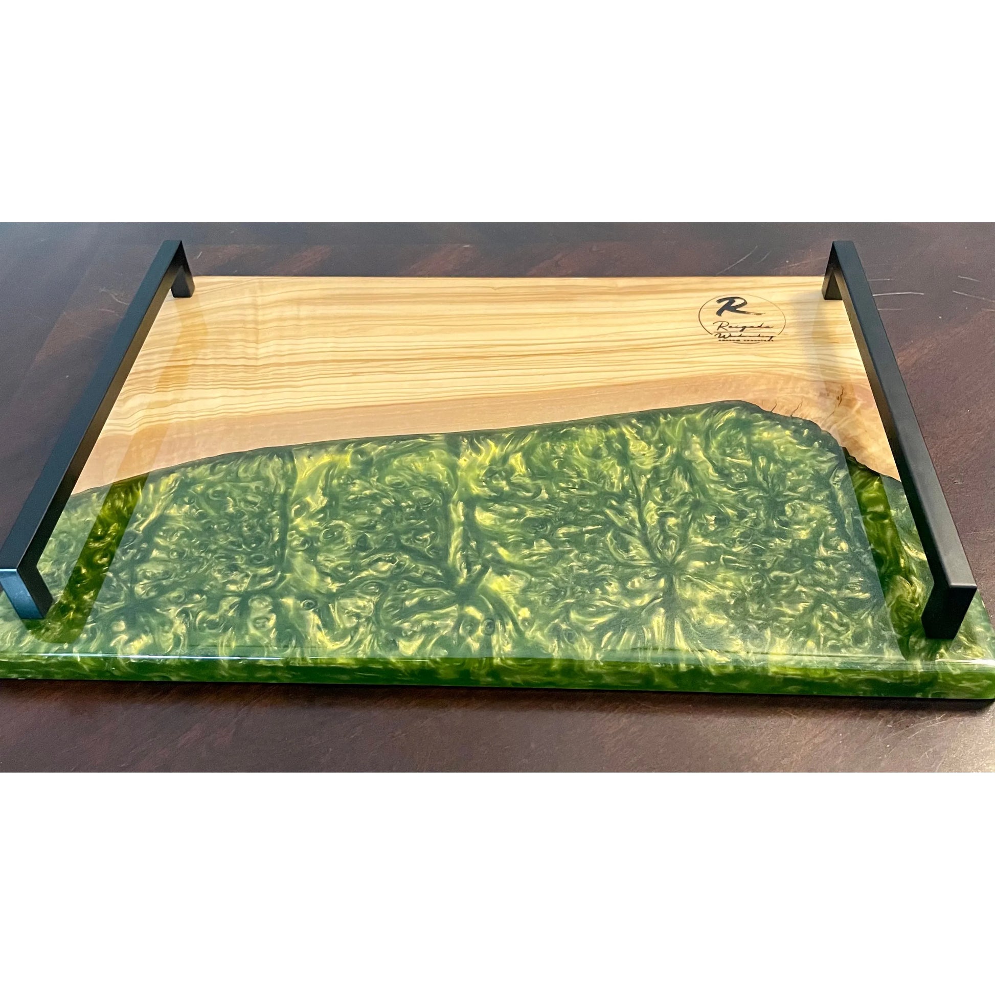 Serving Tray - Olive wood with green Reigada Woodworking