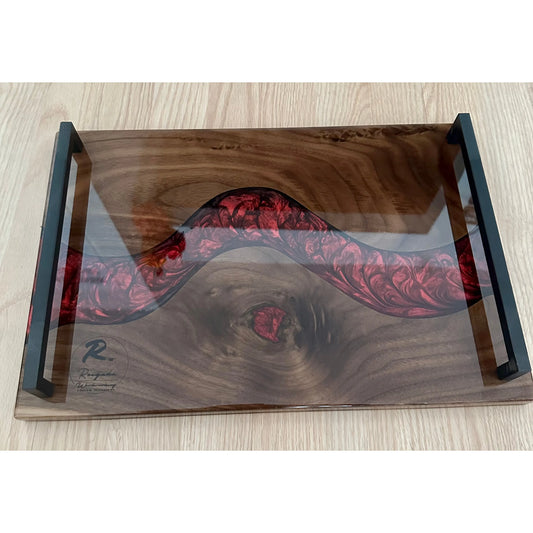 Serving tray - Walnut with Red and Black epoxy Reigada Woodworking