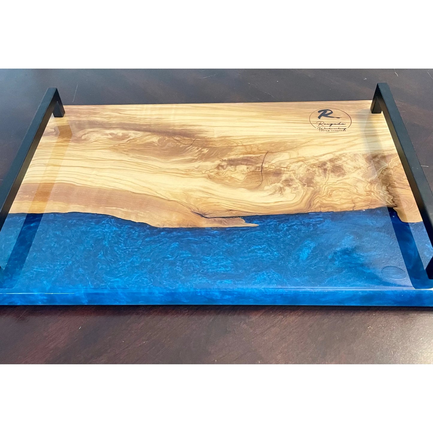 Serving Tray - Olive Wood with Blue Epoxy Reigada Woodworking