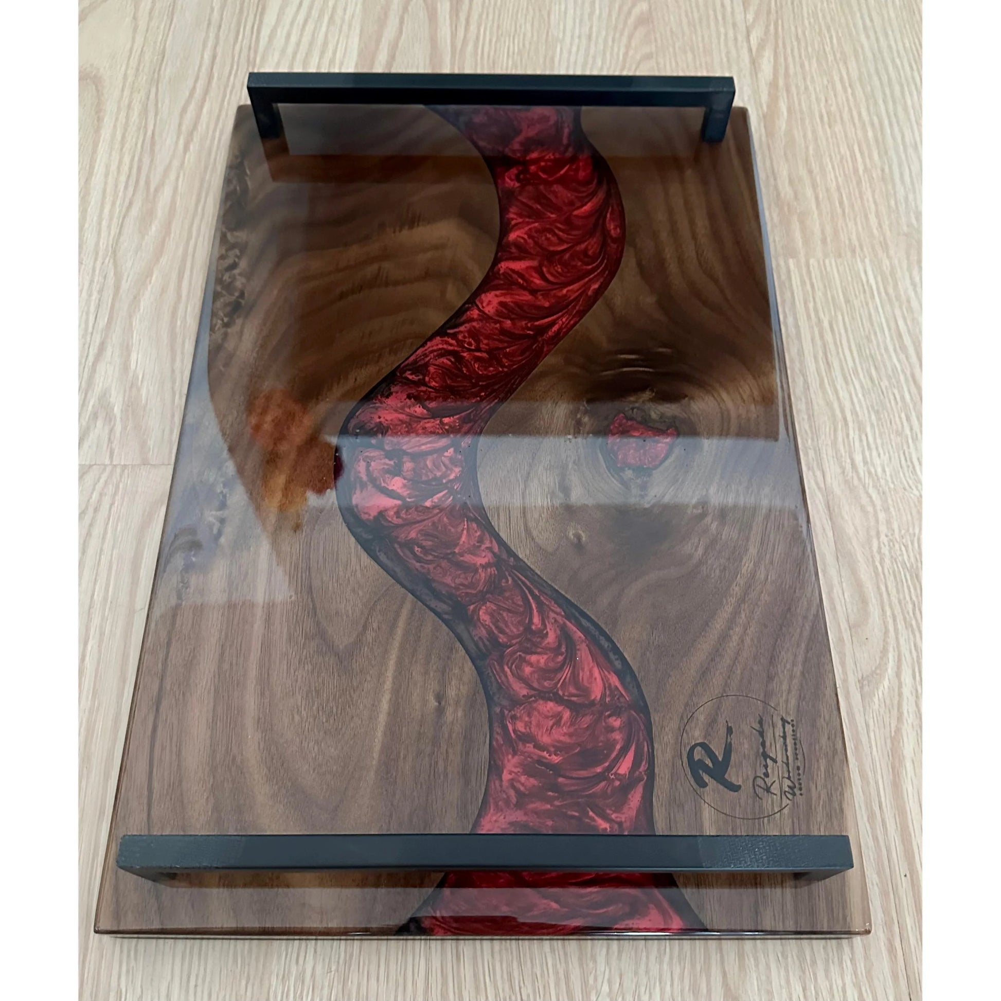 Serving tray - Walnut with Red and Black epoxy Reigada Woodworking