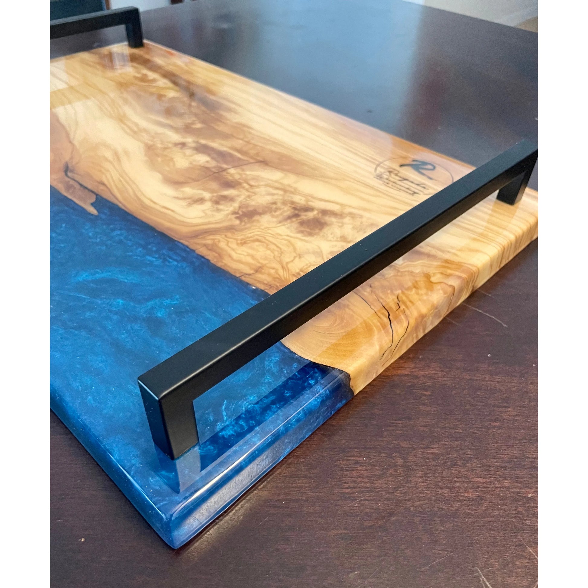 Serving Tray - Olive Wood with Blue Epoxy Reigada Woodworking