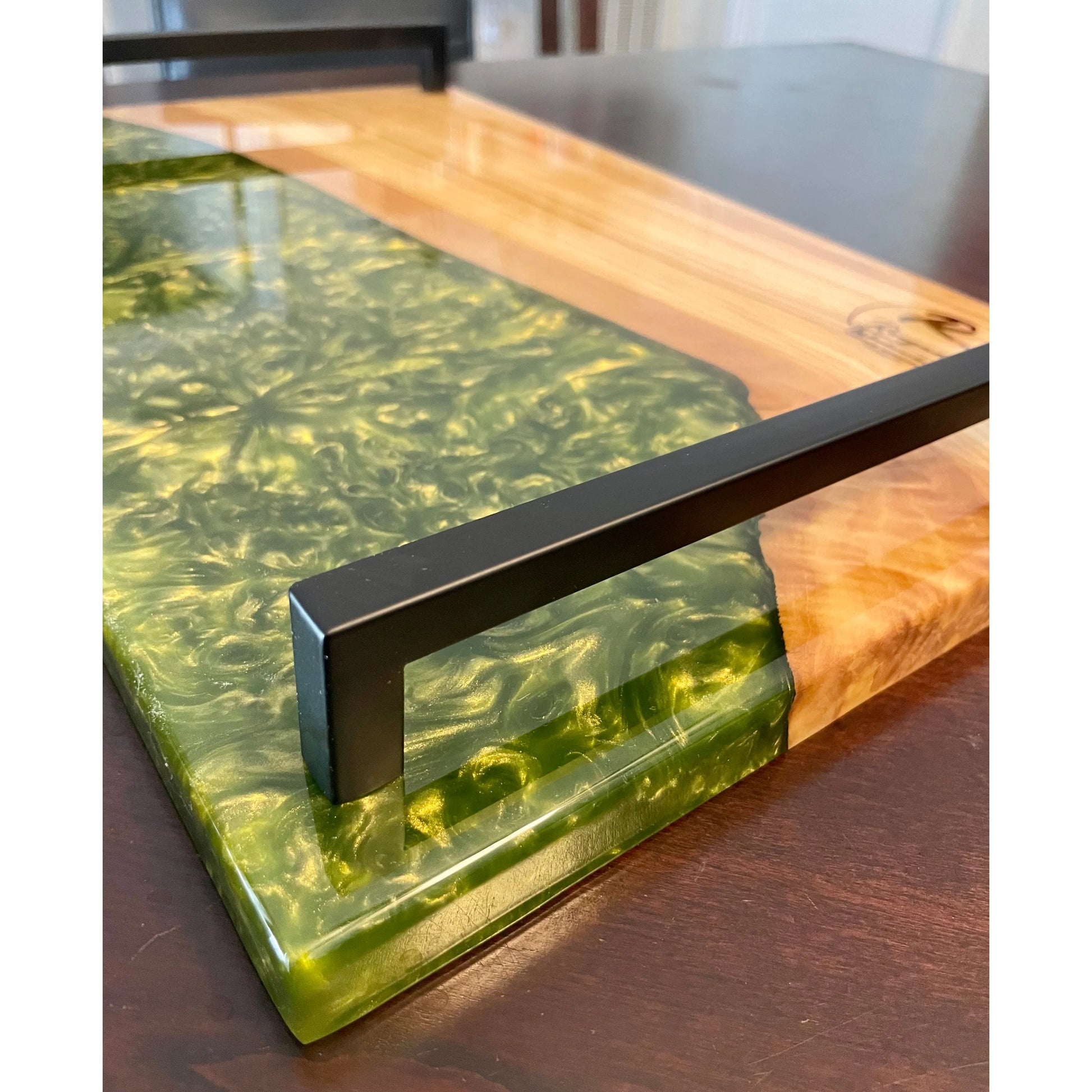 Serving Tray - Olive wood with green Reigada Woodworking