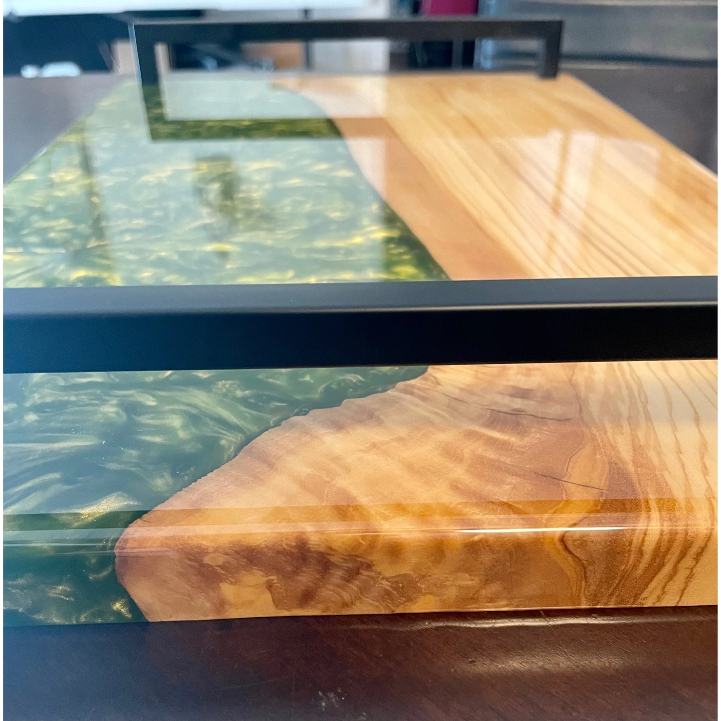 Serving Tray - Olive wood with green Reigada Woodworking